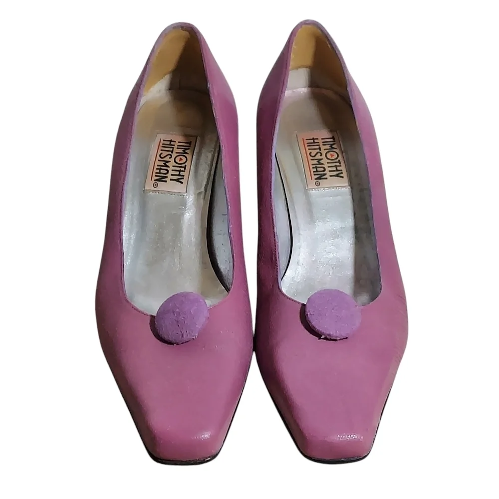 Timothy Hitsman Vintage Purple Dark Lavender Textured Leather Square Toe Heels
